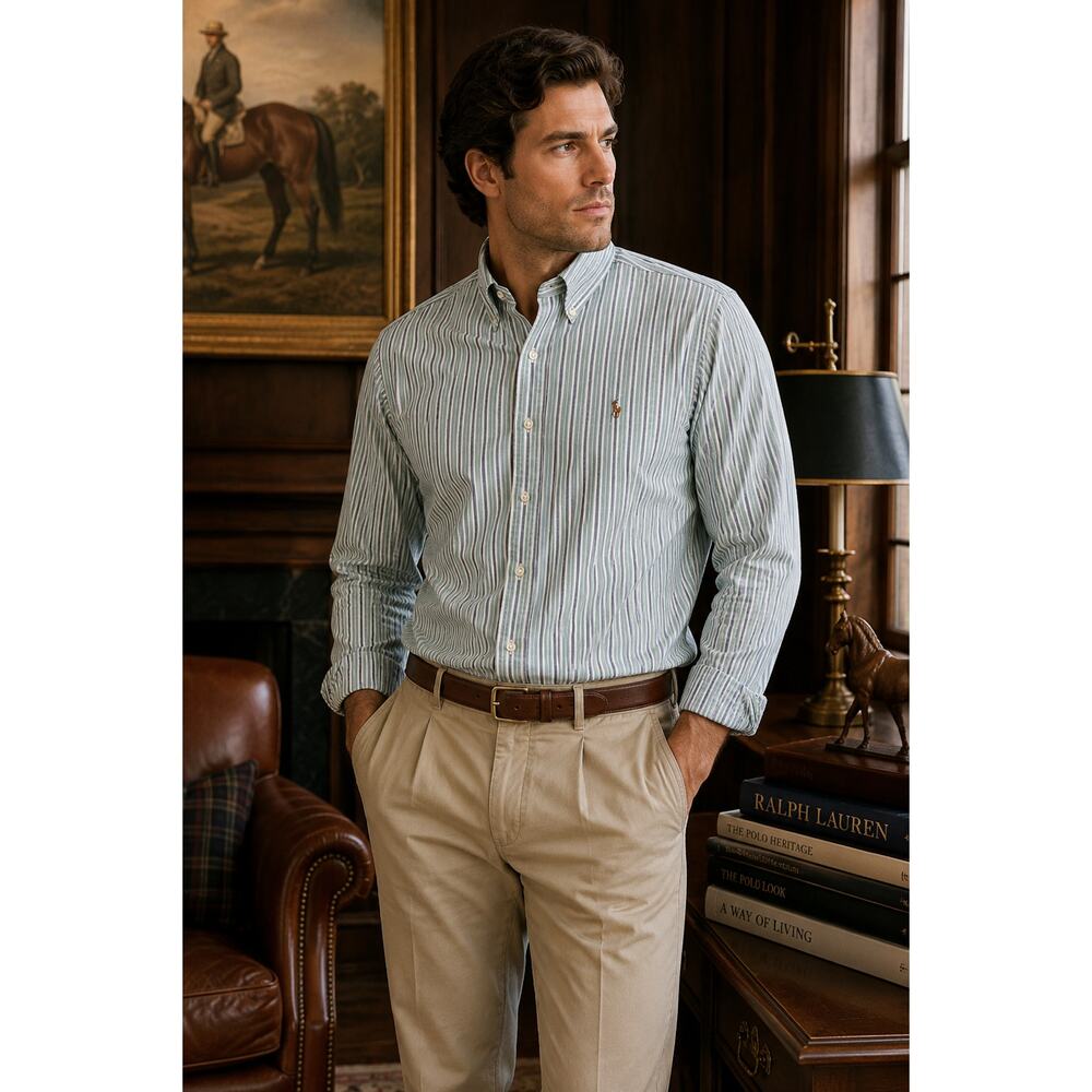 Ralph Lauren Classic Fit Green Blue Striped Button Down Shirt XL Preppy
